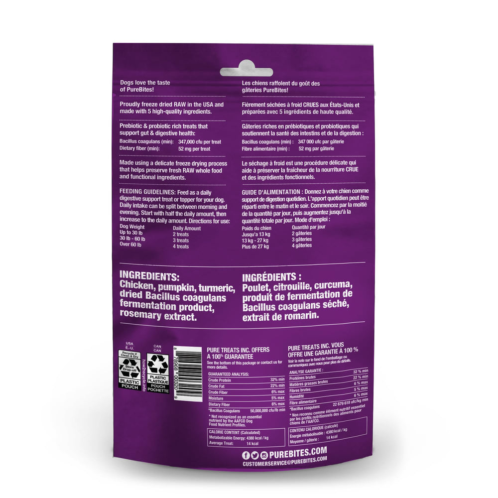 PureBites con Bacillus coagulans, prebióticos y digestión suave para perros.