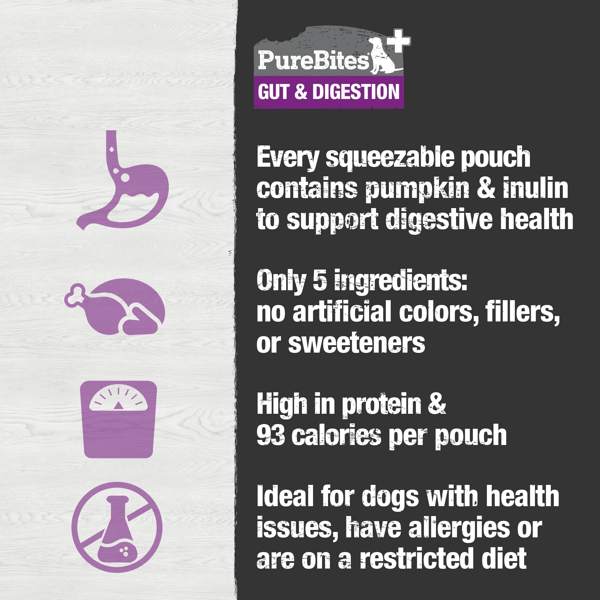 PureBites Plus Squeezables apoyo digestivo, forma cómoda de añadir al plato.