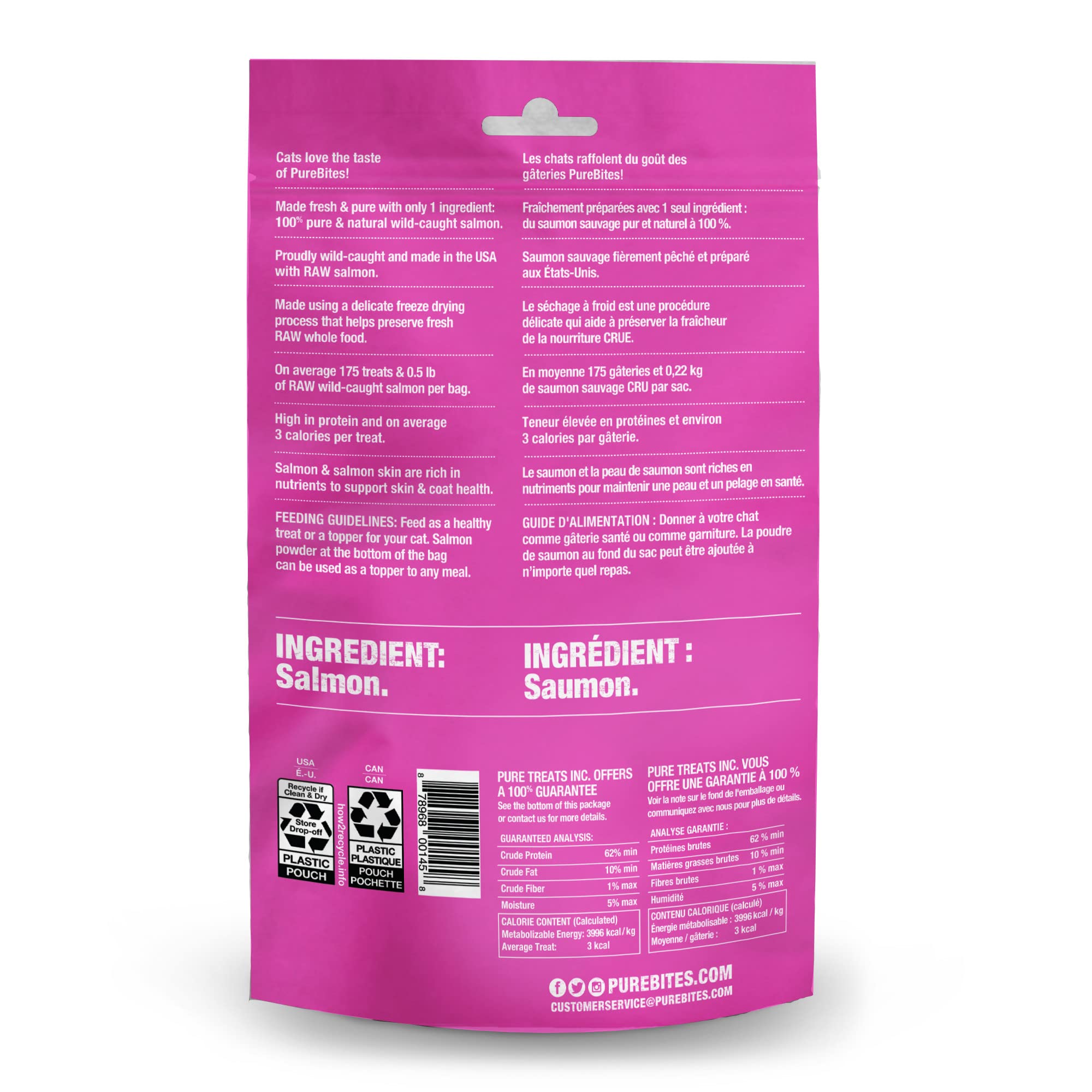 PureBites salmón deshidratado para gatos, ingrediente único y natural.