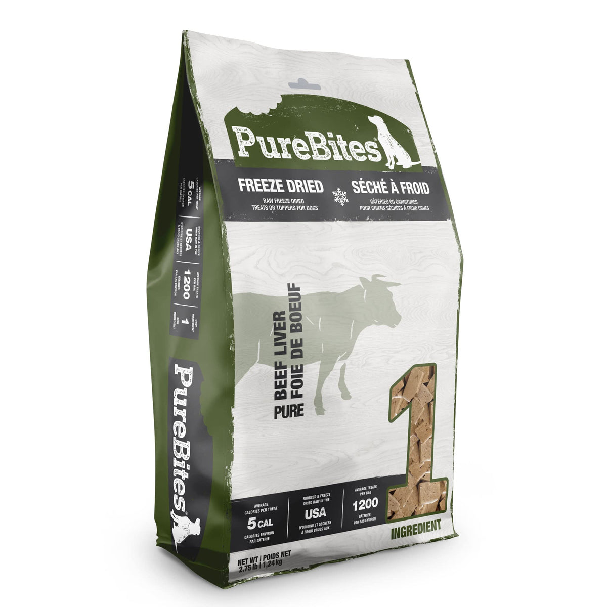 PureBites ternera liofilizada, tratamiento único para perros, alto en proteína.