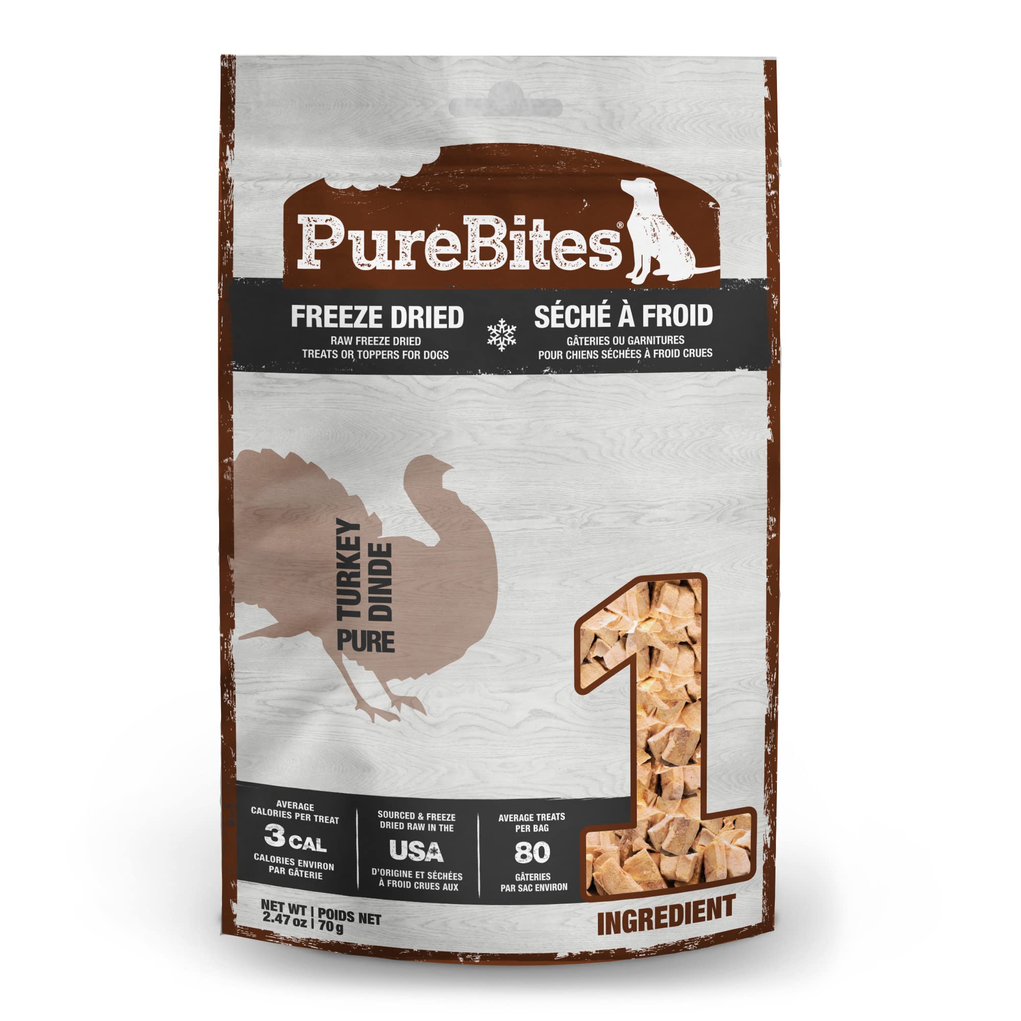 PureBites pavo liofilizado en empaque, snack seguro para perros.
