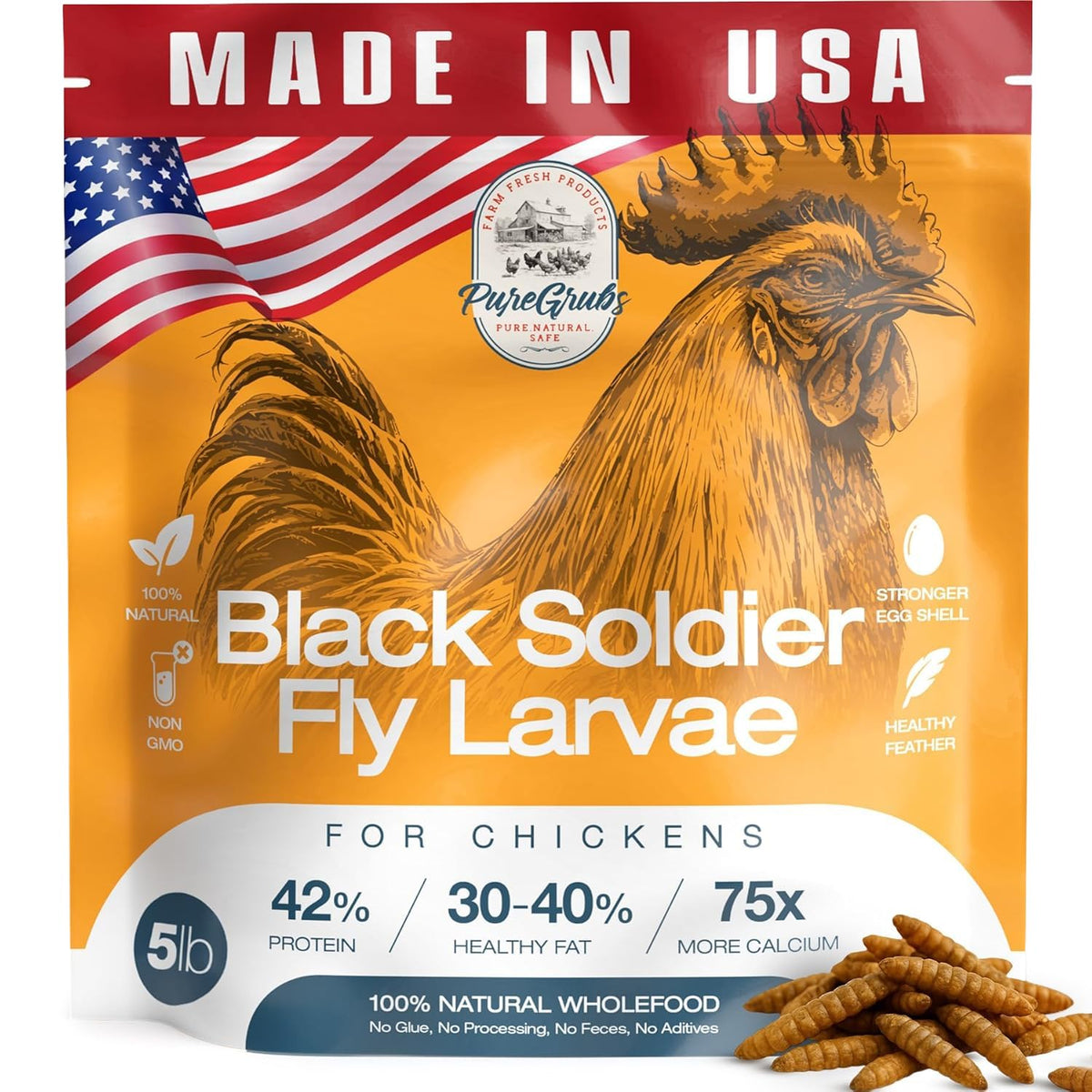PureGrubs larvas mosca negra deshidratadas para aves, alto contenido proteico.