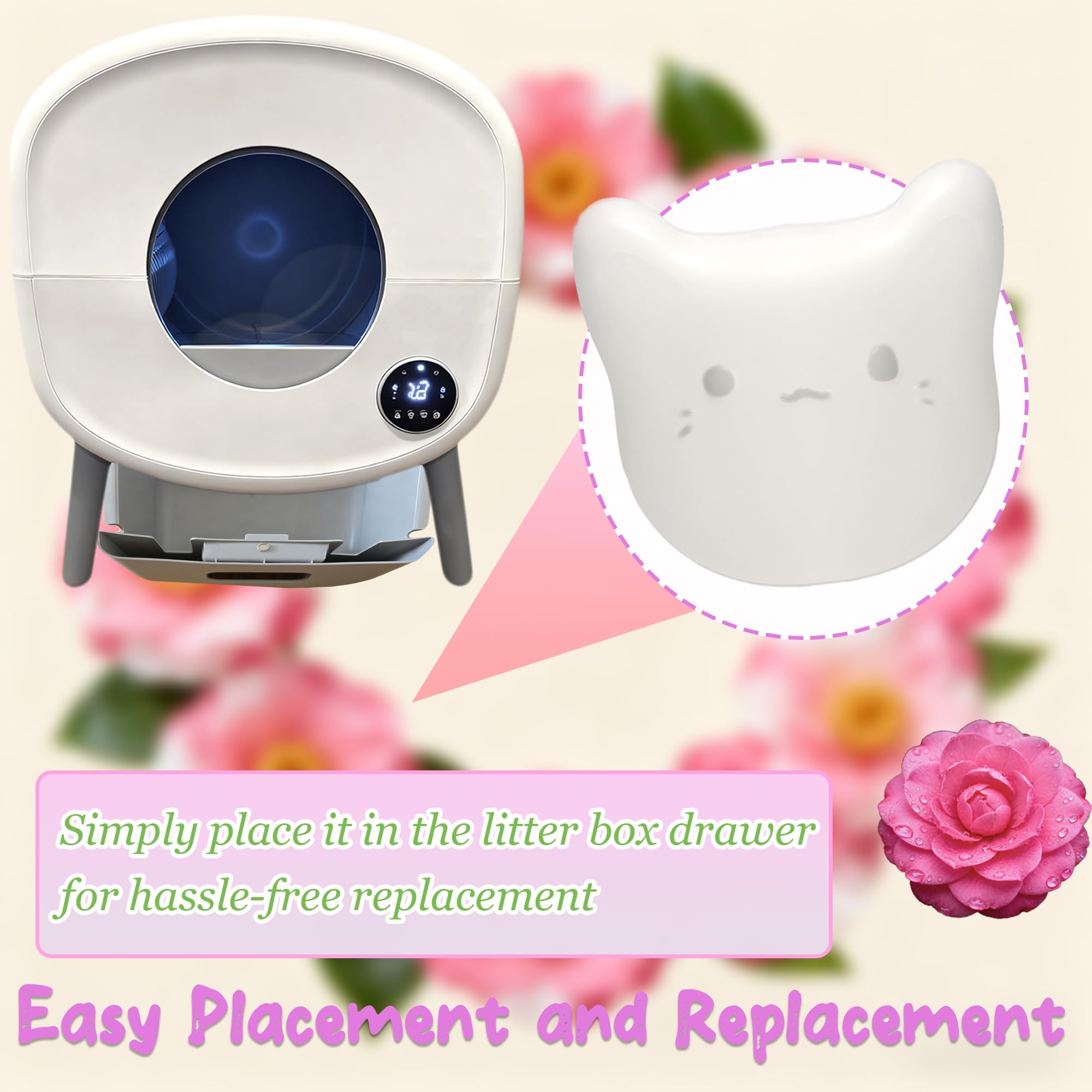 PurifyLogix pods fragancia camellia, caja de arena, aroma limpio.