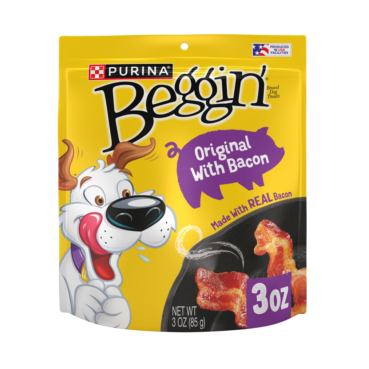 Purina Beggin' Strips carne real con sabor a bacon, premio delicioso para tu perro.