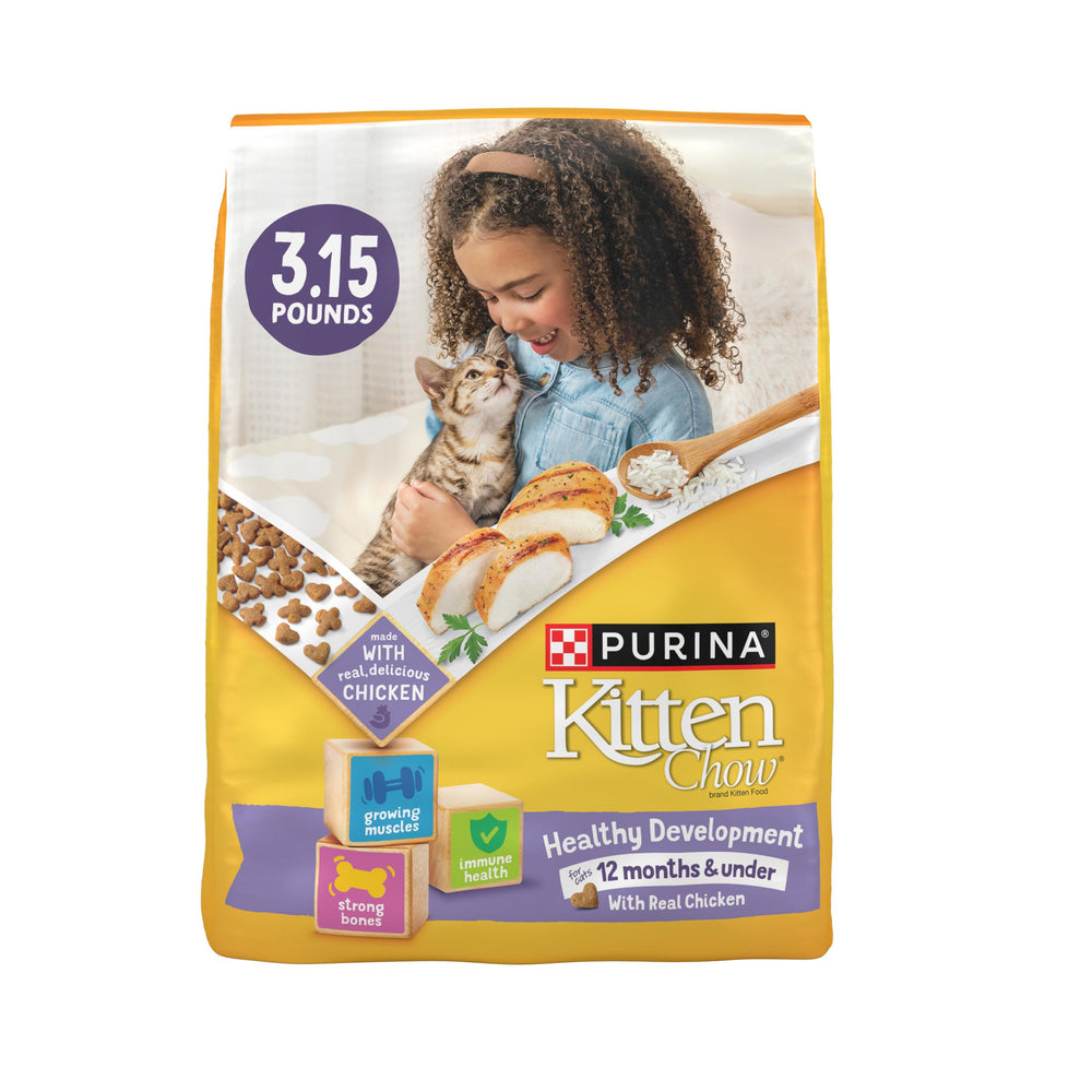 Purina Kitten Chow con pollo real para desarrollo saludable.