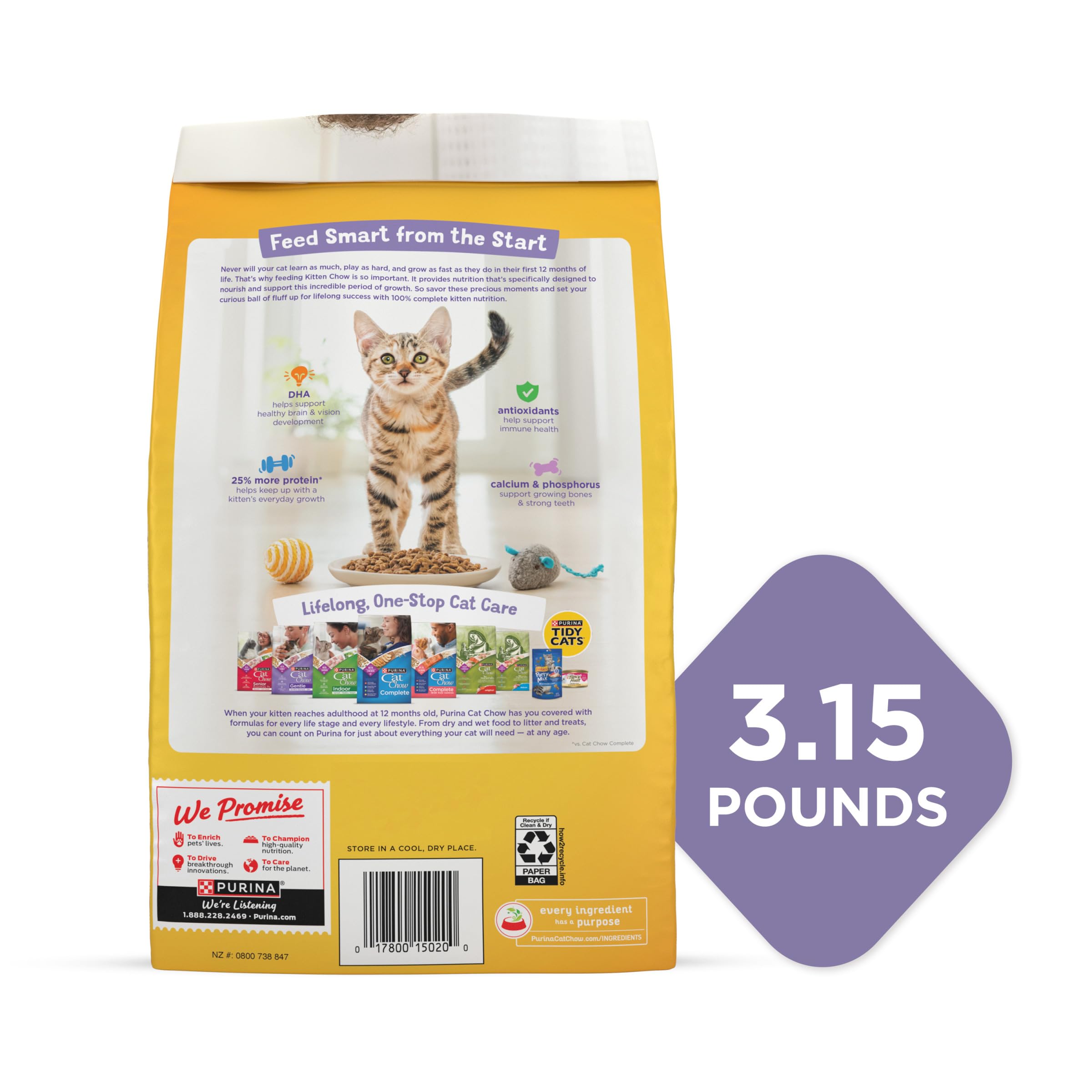 Purina Kitten Chow croquetas crujientes para masticación saludable.