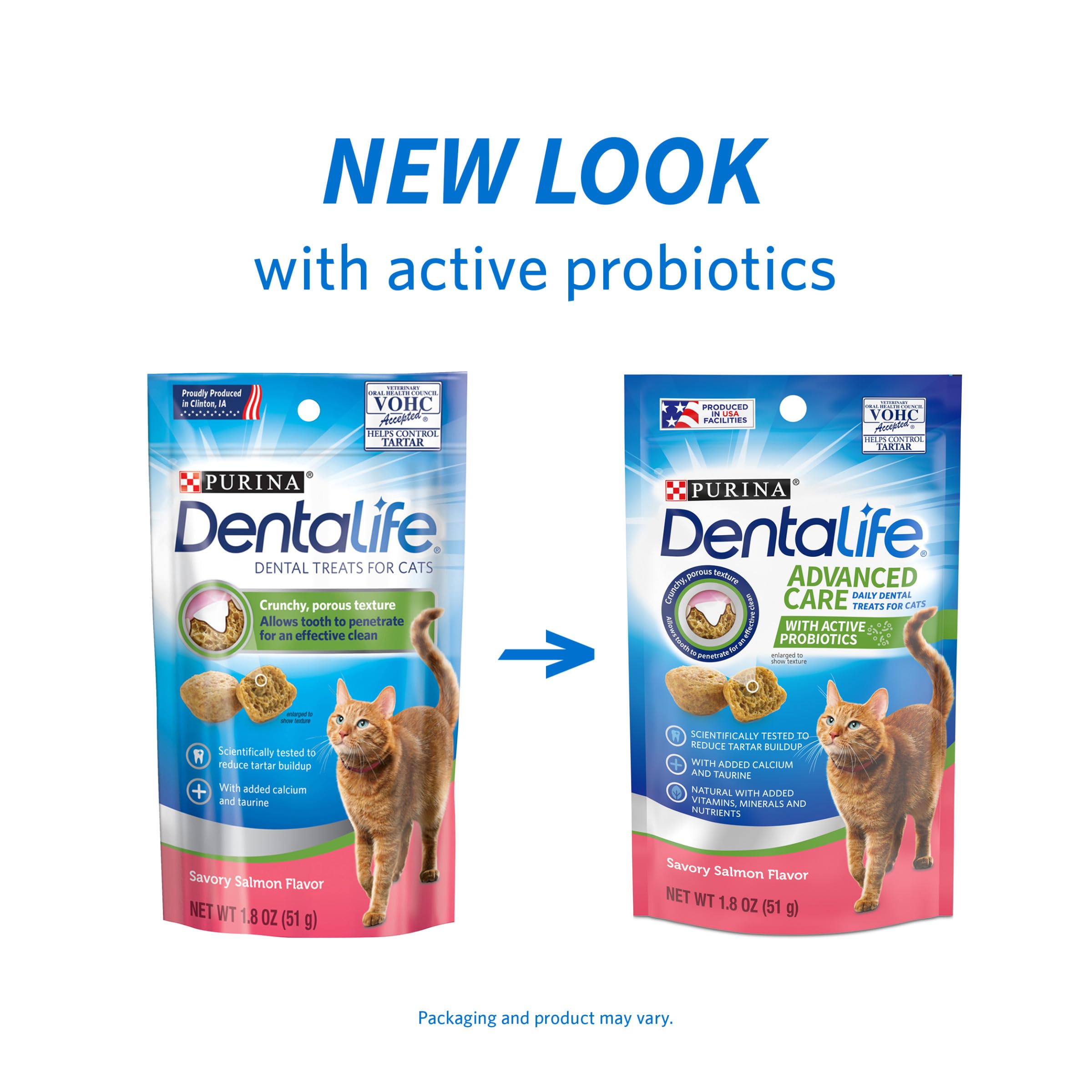 Purina Dentalife: golosinas dentales sabor salmón crujientes para gatos, empaque reutilizable para frescura.