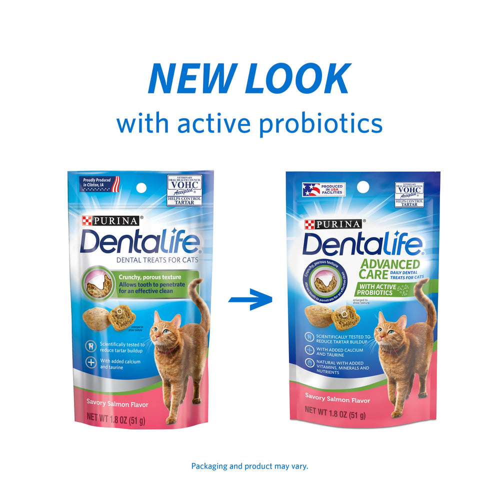Purina Dentalife: golosinas dentales sabor salmón crujientes para gatos, empaque reutilizable para frescura.