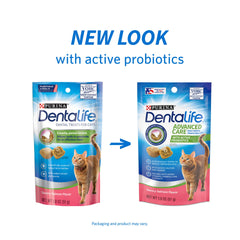 Purina Dentalife: golosinas dentales sabor salmón crujientes para gatos, empaque reutilizable para frescura.