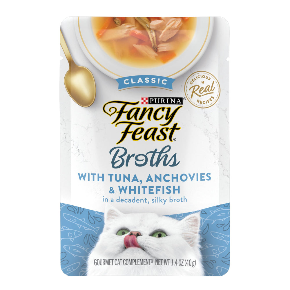 Purina Fancy Feast Broth Topper Clasico Atun-Anchoas-Pescado Blanco: sabor marino y humedad.