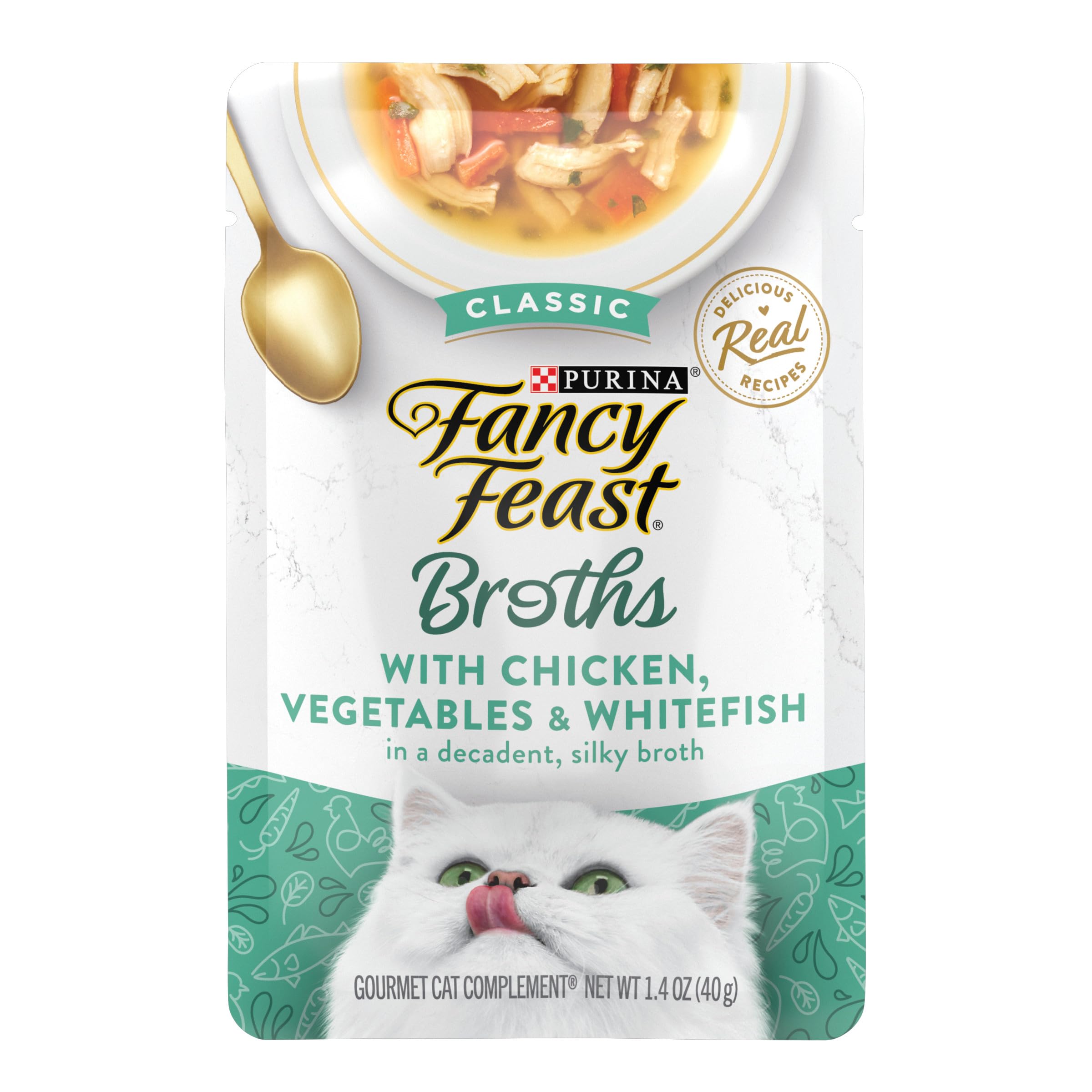 Purina Fancy Feast Broths Clásico con pollo, verduras y pescado blanco en caldo sedoso, lista para servir.