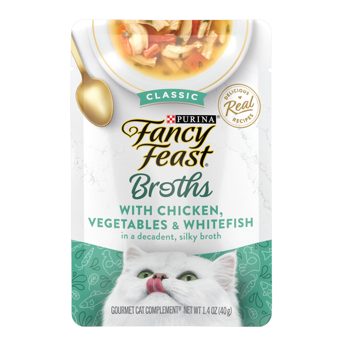 Purina Fancy Feast Broths Clásico con pollo, verduras y pescado blanco en caldo sedoso, lista para servir.