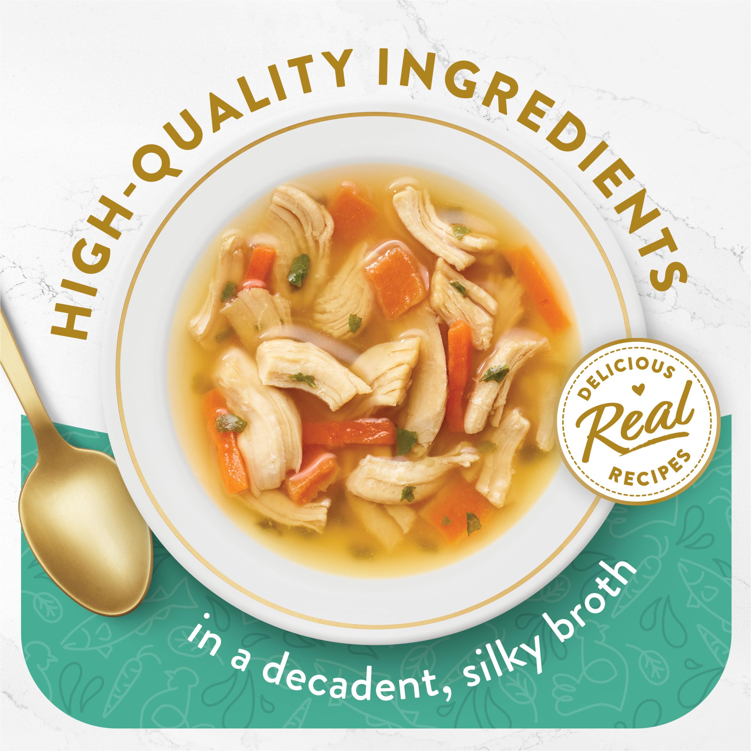 Purina Fancy Feast Broths Clásico con pollo, verduras y pescado blanco para variedad en la comida.
