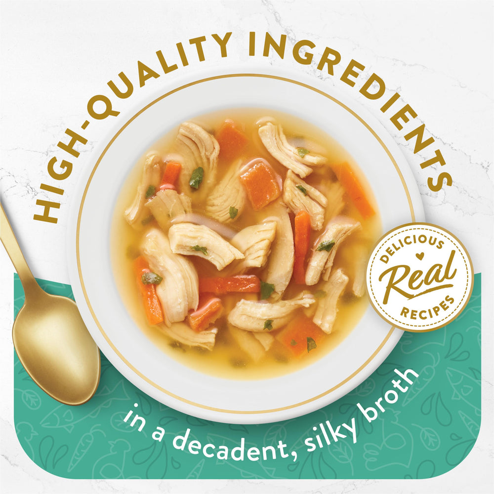 Purina Fancy Feast Broths Clásico con pollo, verduras y pescado blanco para variedad en la comida.