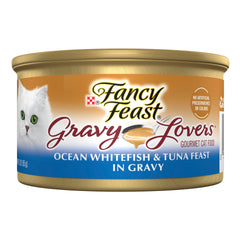 Purina Fancy Feast Gravy Lovers con filetes blancos del mar y atún en salsa sabrosa.