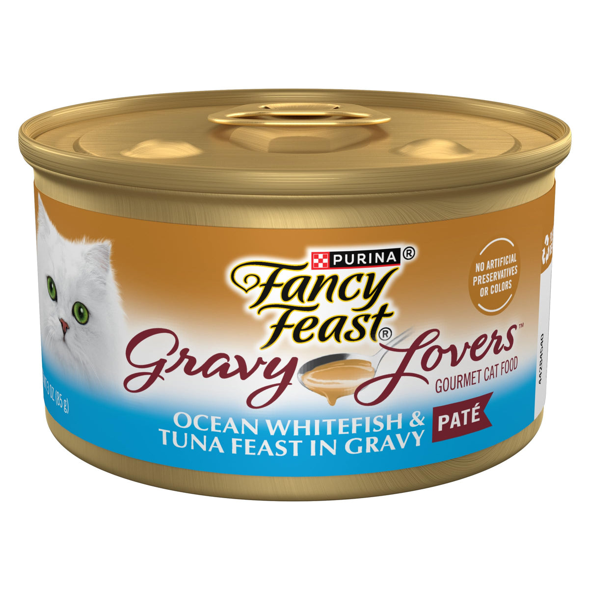 Purina Fancy Feast Gravy Lovers, pez blanco y atún en lata, sabor marino.