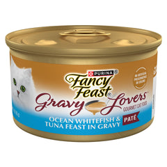 Purina Fancy Feast Gravy Lovers, pez blanco y atún en lata, sabor marino.