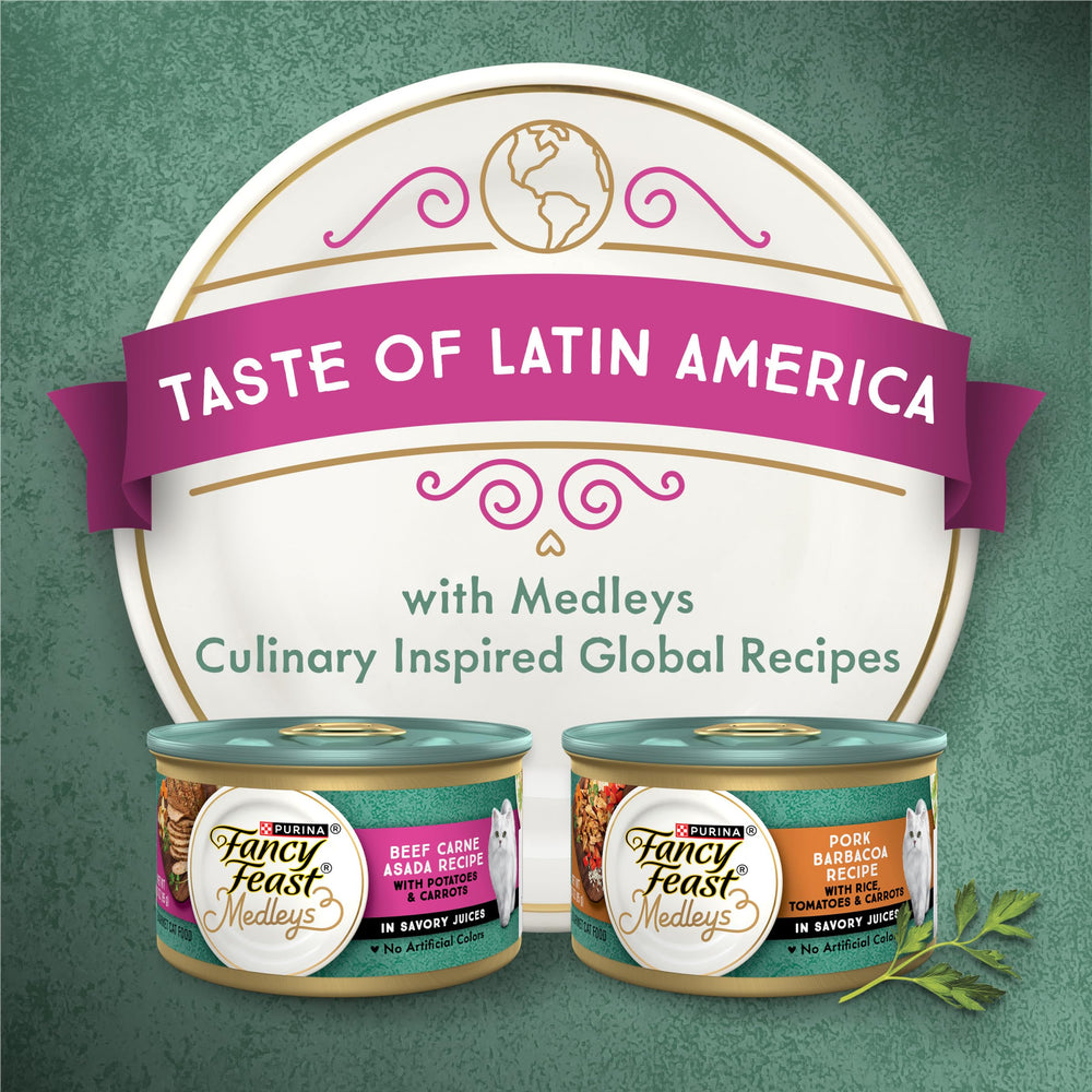 Purina Fancy Feast Medleys LatAm lata pedazo tierno: trozos reales de carne en jugo sabroso.