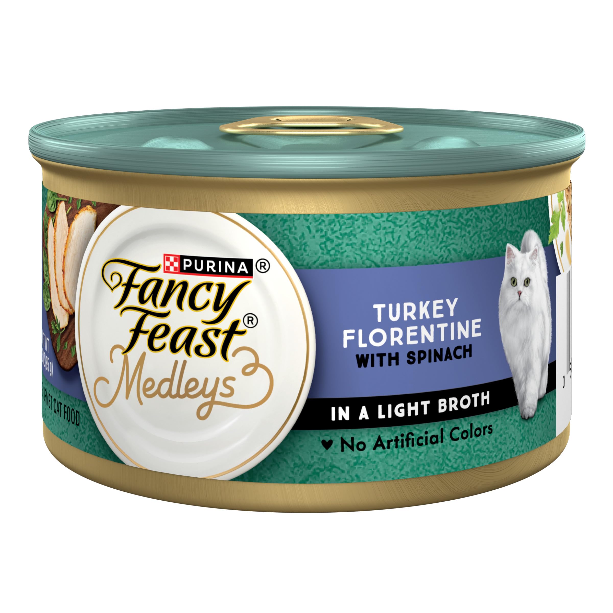 Purina Fancy Feast Medleys pavo Florentino con espinacas en caldo ligero, ideal para la dieta diaria.