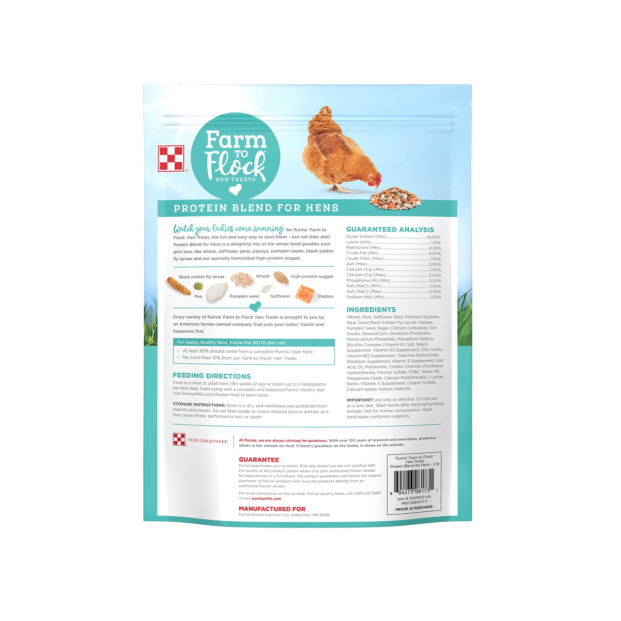 Purina Farm to Flock, nuggets de proteína alta, apoyo nutritivo para aves.