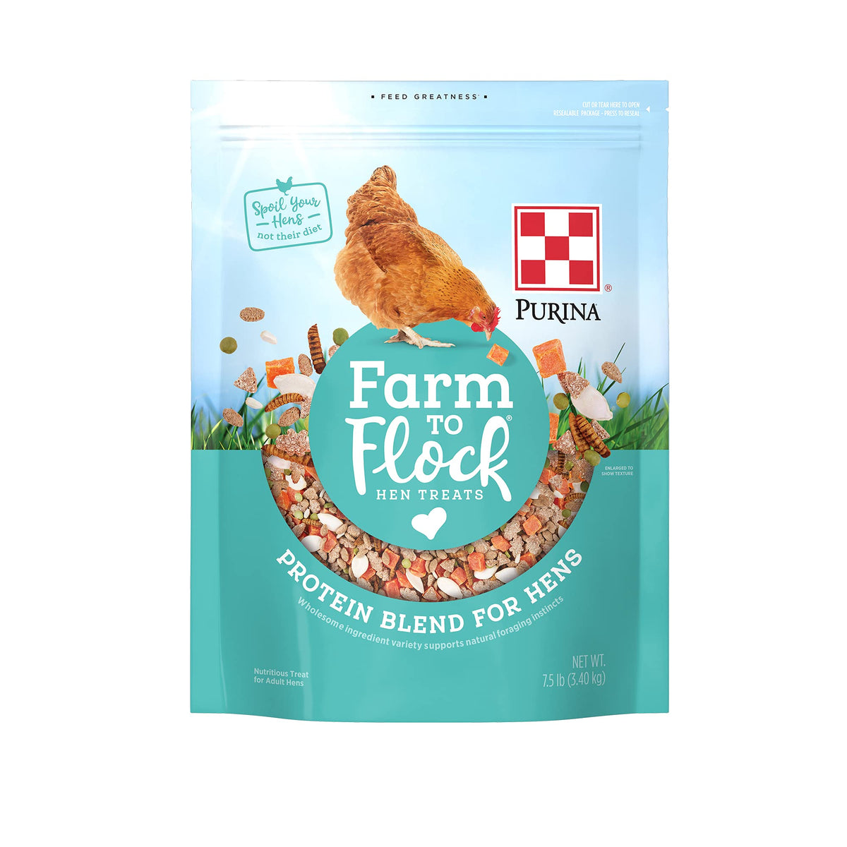 Purina Farm to Flock para gallinas en empaque 7,5 lb, opción práctica.