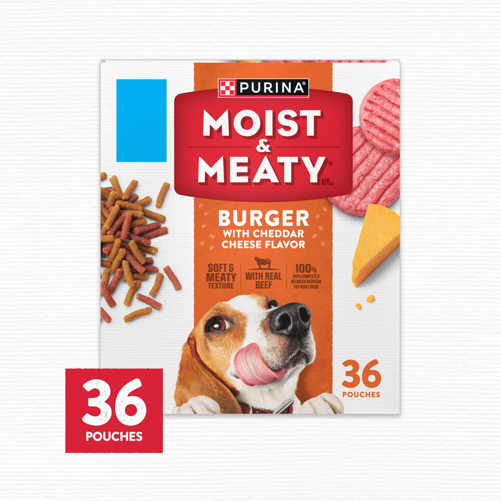 Purina Moist & Meaty Burger cheddar, carne real como ingrediente principal.