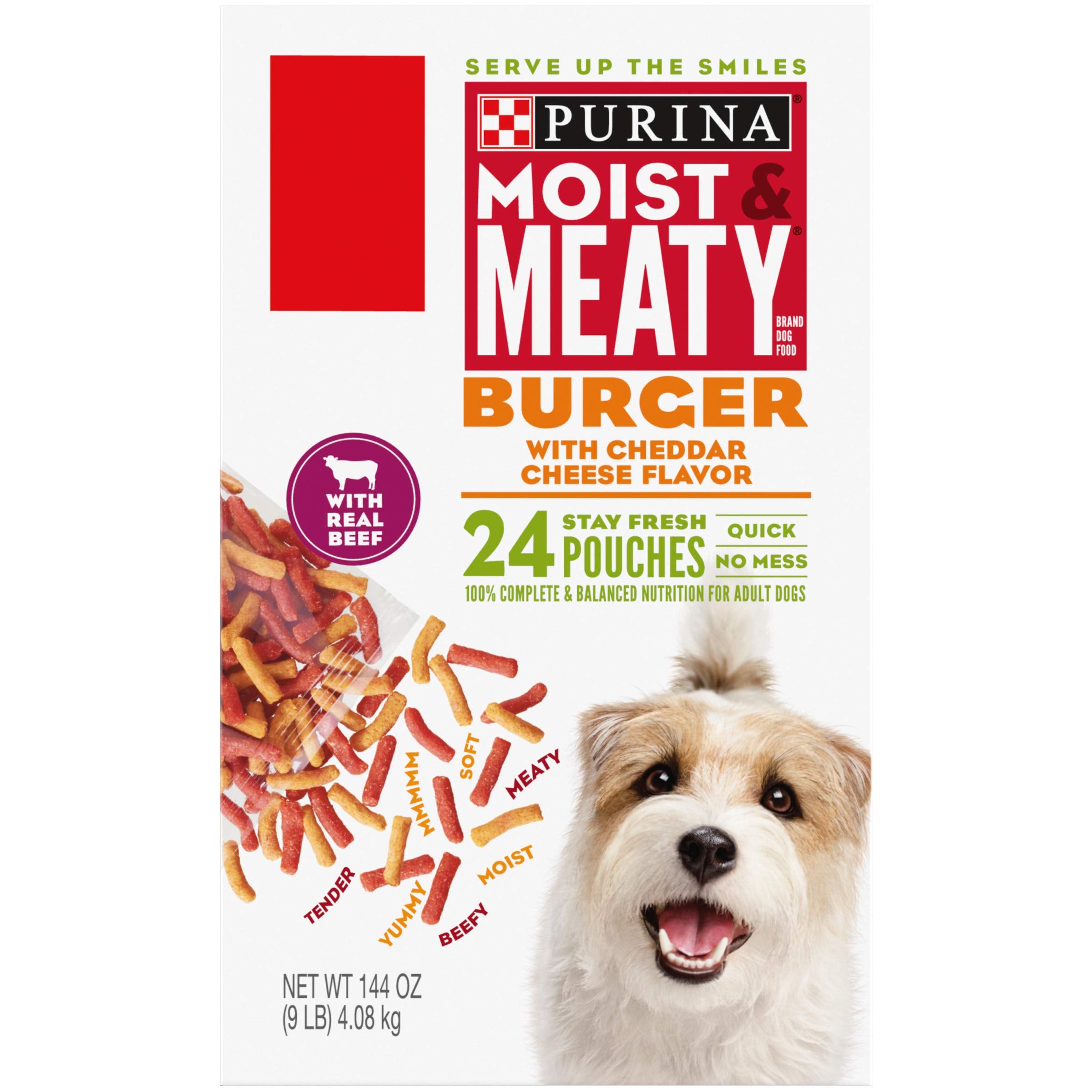 Purina Moist & Meaty con carne de res, sabor burger, ideal como comida principal