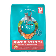 Purina ONE con salmón real, frente del envase, sabor atractivo para gatos exigentes.