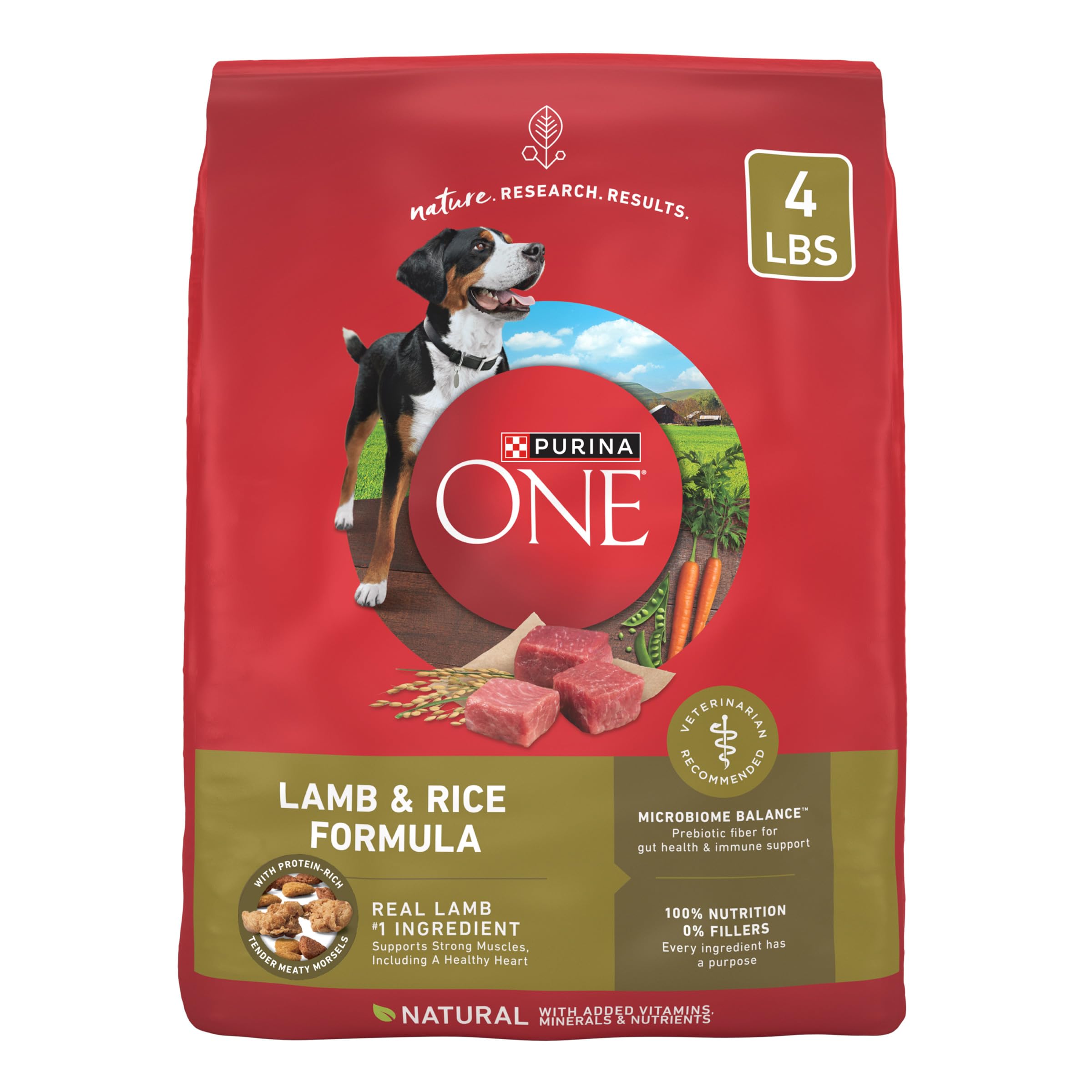 Purina ONE alimento seco para perro con cordero y arroz, frente de la bolsa y promesa de nutrición.