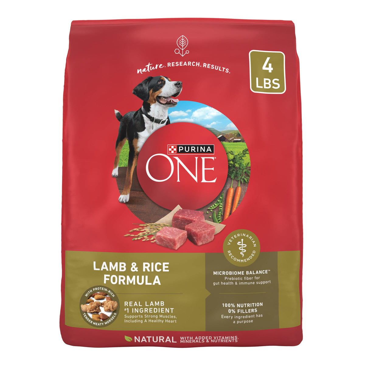 Purina ONE alimento seco para perro con cordero y arroz, frente de la bolsa y promesa de nutrición.