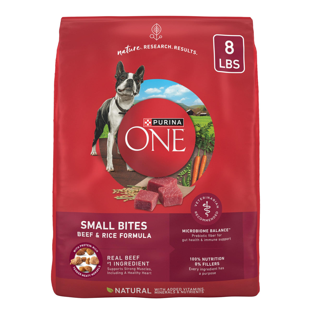 Purina ONE Bocados Pequeños de Carne y Arroz; primer ingrediente real para músculos fuertes.