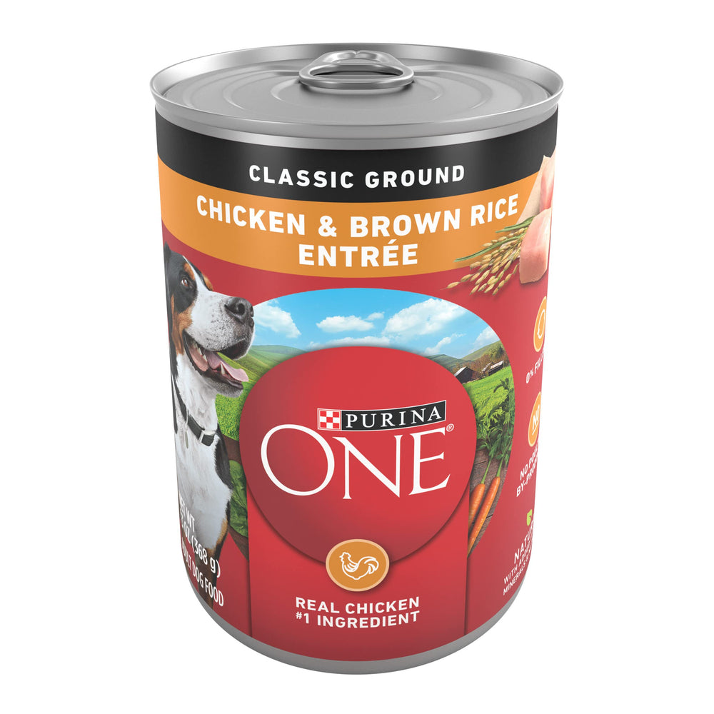 Purina ONE Classic pollo-arroz en lata: primera proteína para músculos fuertes.