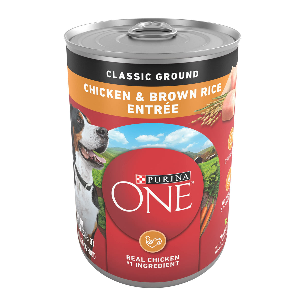 Purina ONE Classic pollo-arroz en lata: primera proteína para músculos fuertes.