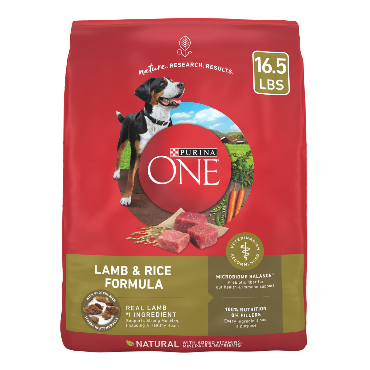 Purina ONE cordero y arroz, bolsa de 16-5 libras, nutrición completa para perros.