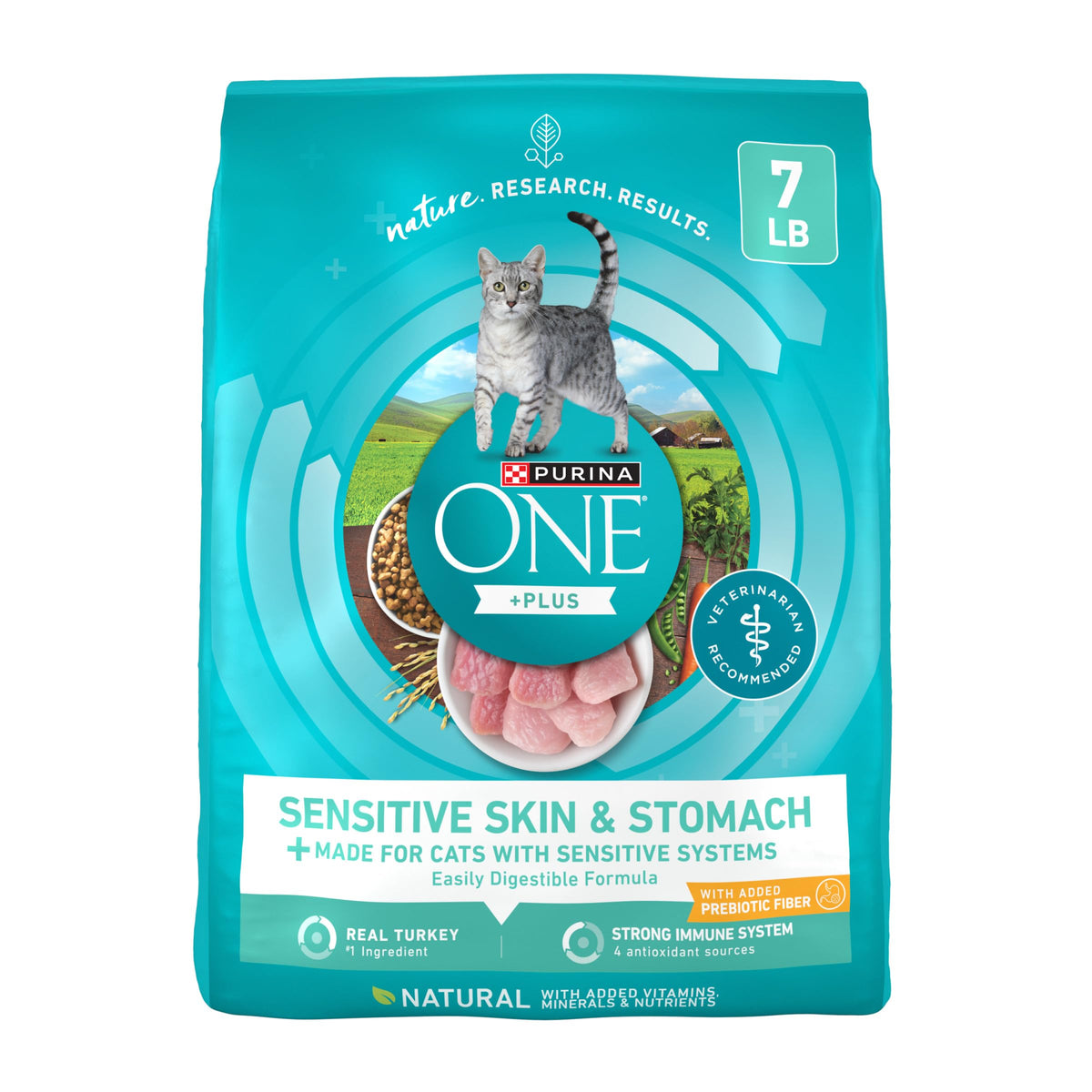 Purina ONE Estómago sensible con pavo real como primer ingrediente para músculos fuertes.