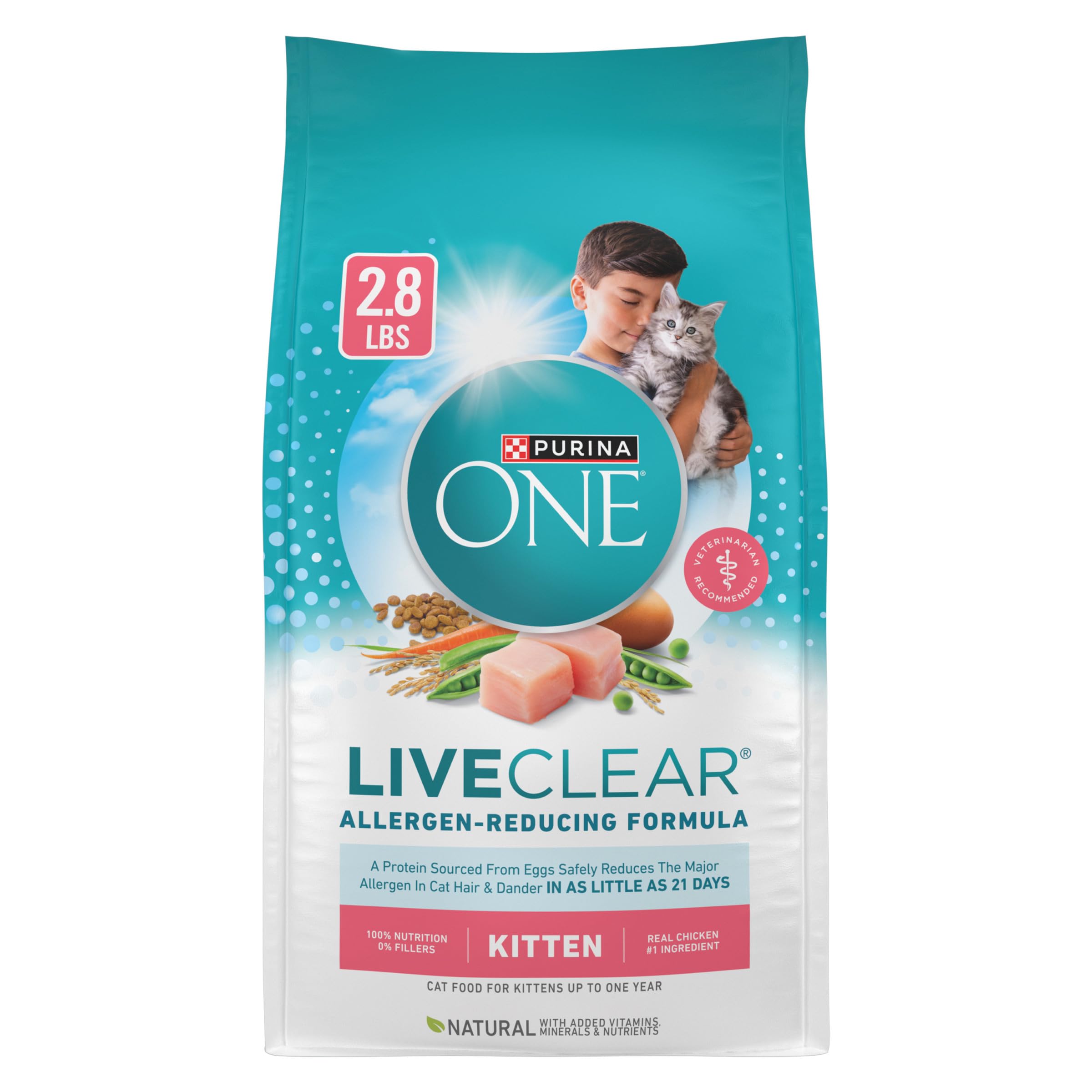 Purina ONE LiveClear bolsa de 2.8 lb para gatitos, opción diaria conveniente.
