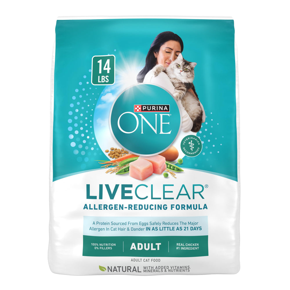 Purina ONE LiveClear envase 14 lb para gatos, pollo real como ingrediente principal.