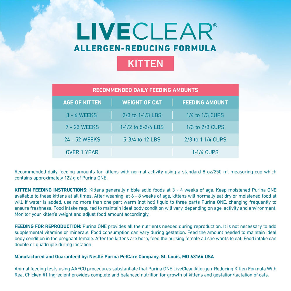 Purina ONE LiveClear apoyo a piel y pelaje con omega-6 para gatitos.