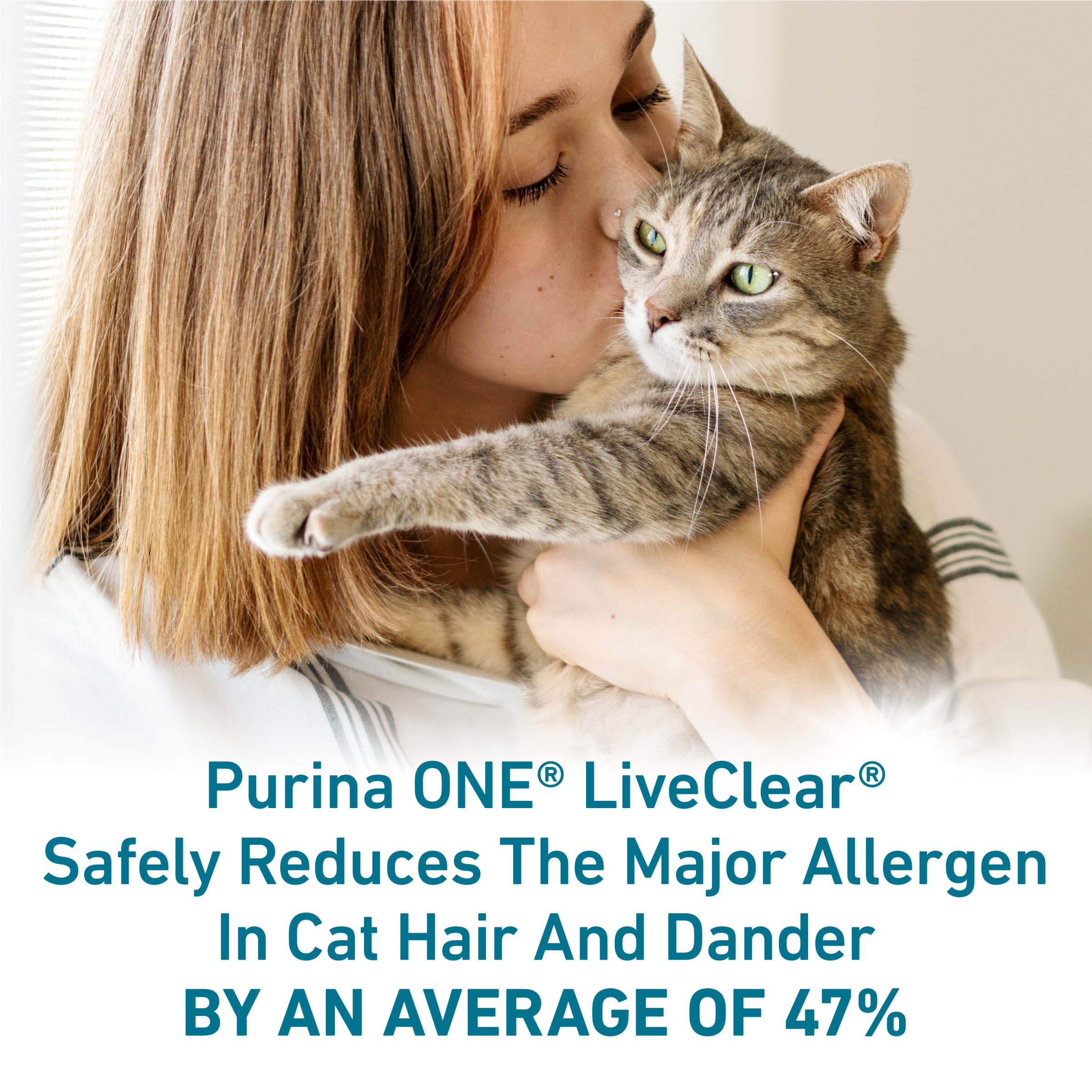 Purina ONE LiveClear croquetas, pollo real como primer ingrediente para gusto y nutrición.