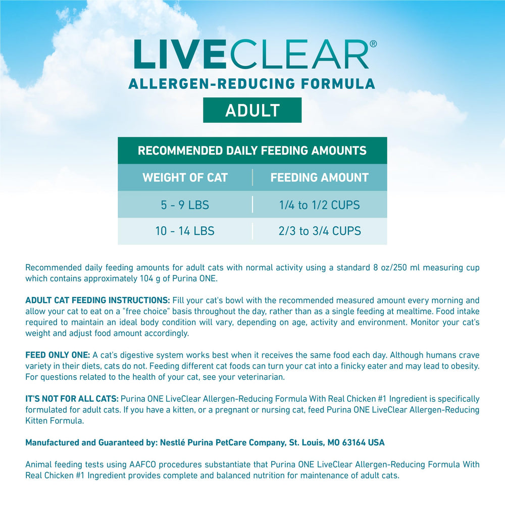 Purina ONE LiveClear reducción de alérgenos en pelo y caspa.