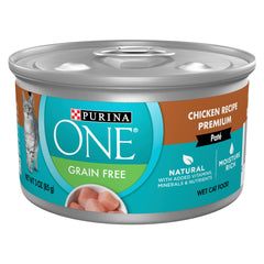 Purina ONE pate pollo, imagen frontal de la lata 3 oz, proteína de alta calidad para músculos fuertes.