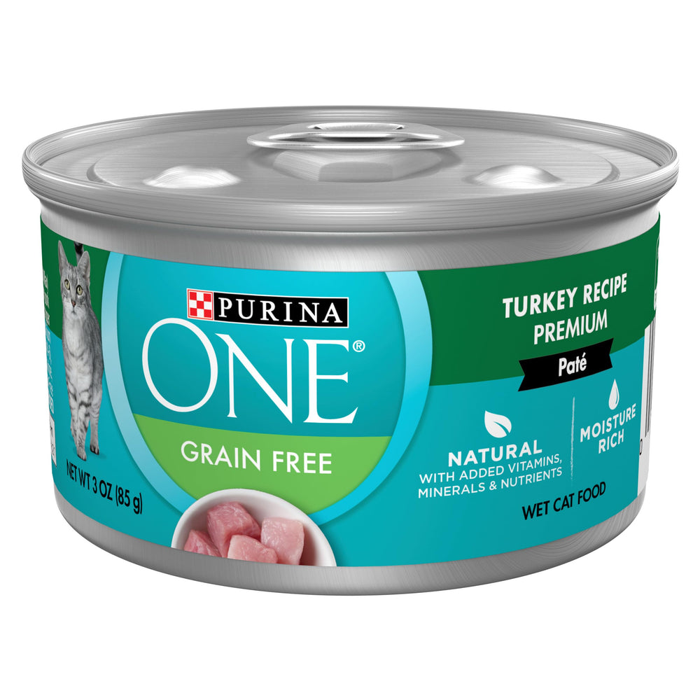 Purina One Pavo Pate: lata de 3oz muestra pavo como fuente principal para gatos activos