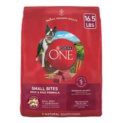 Purina ONE con trocitos pequeños carne y arroz, para perros activos.