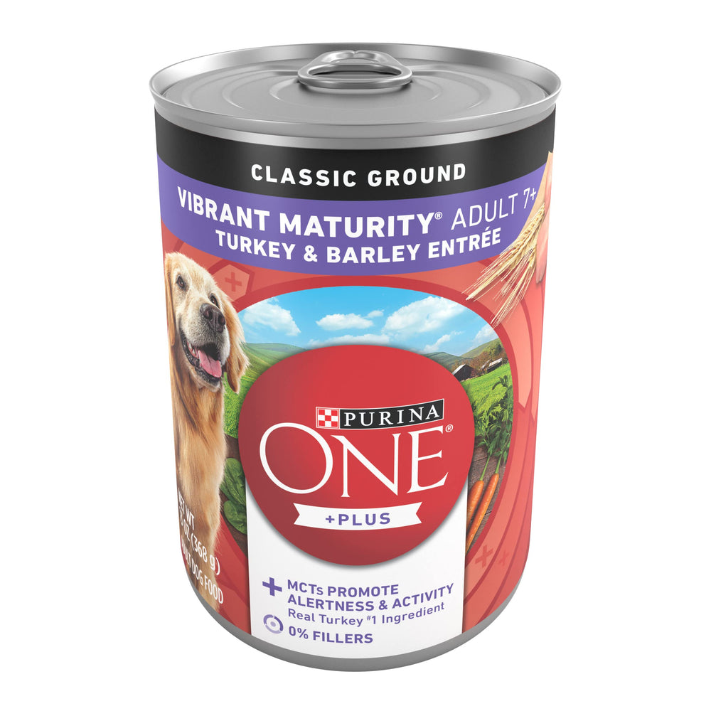 Purina ONE Plus lata de pavo y cebada para senior, primer ingrediente real para músculos fuertes.