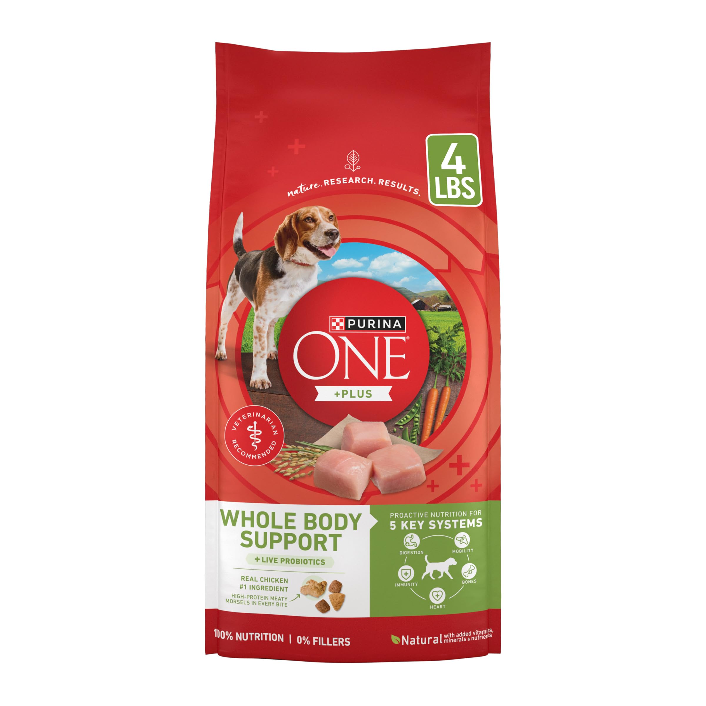 Purina ONE Plus Whole Body Support in a bowl with chicken kibble closeup for texture
