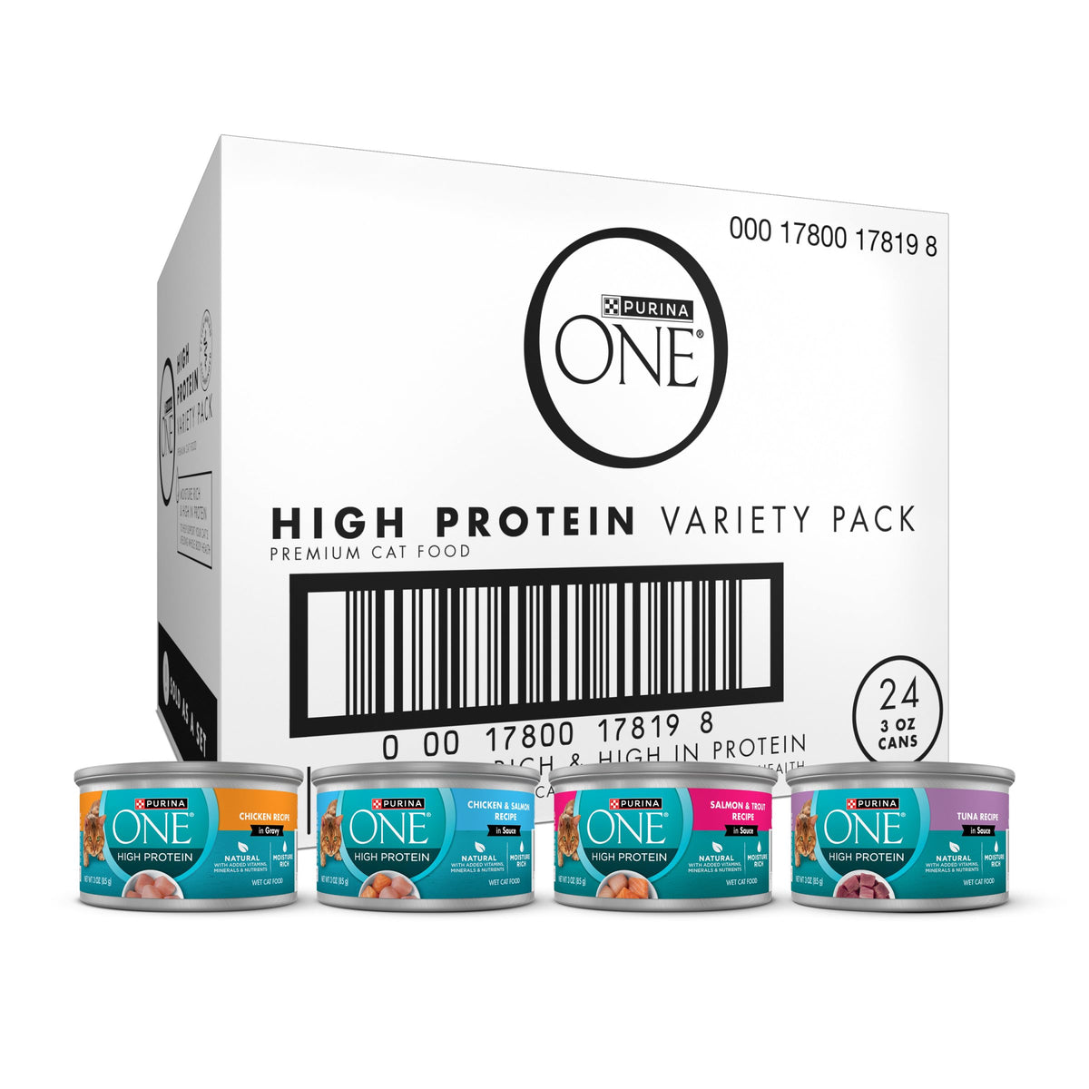 Purina ONE pollo en gravy, lata 3oz, proteína real para gatos activos.
