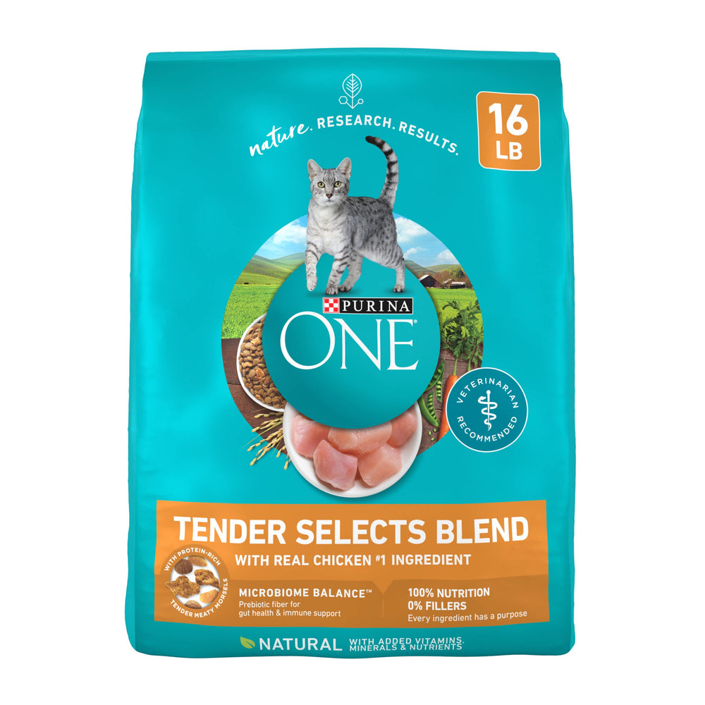 Purina ONE con pollo real trozos nutritivos para músculos fuertes.