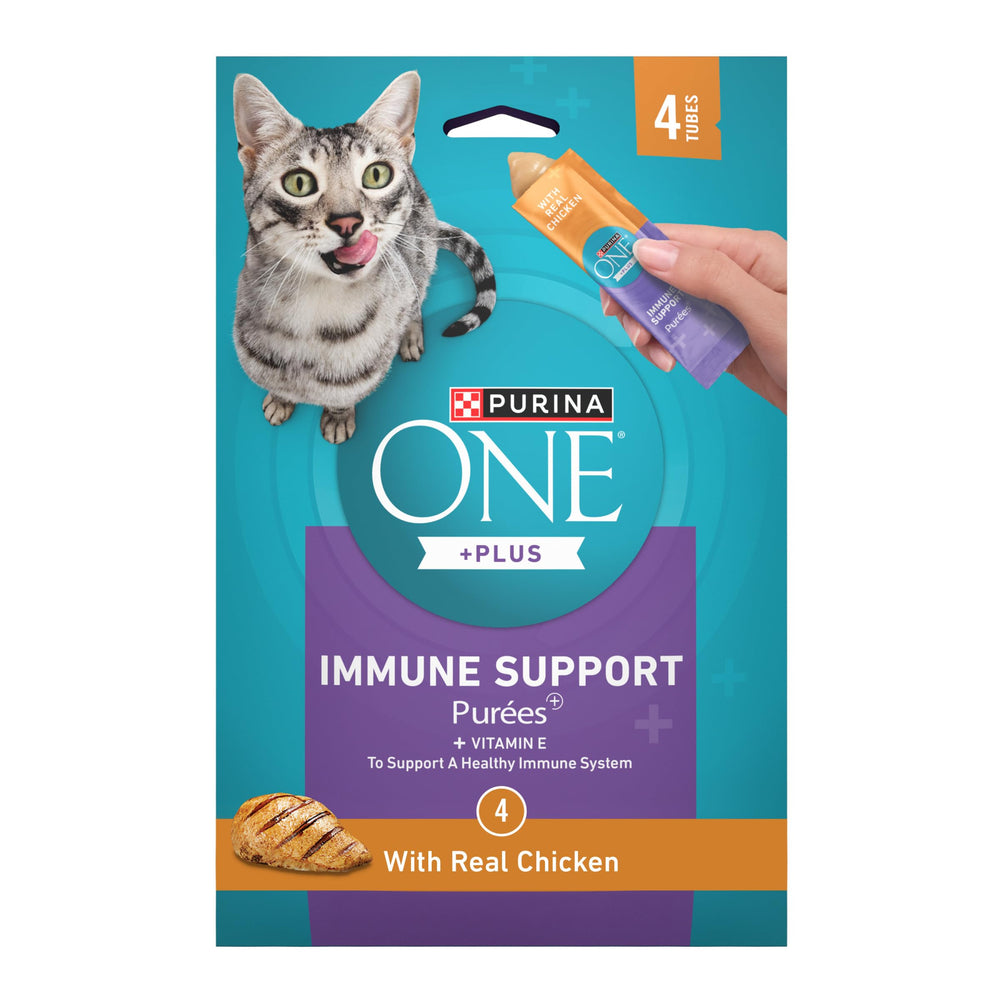 Purina ONE Purees inmunidad pollo real en tubo para recompensa sabrosa y práctica.