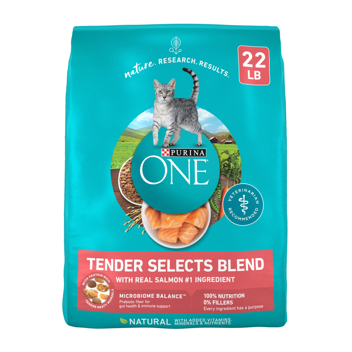 Purina ONE con salmón real para croquetas crujientes que respaldan músculos fuertes.