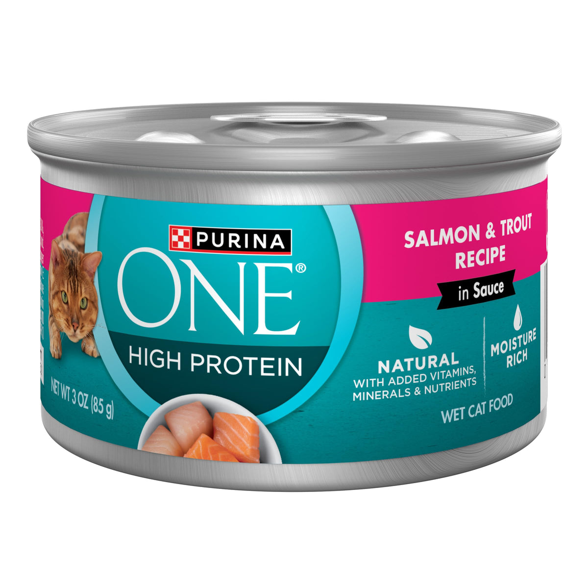 Purina ONE salmón y trucha en salsa, lata, paquete de 24, sabor marino para gatos.